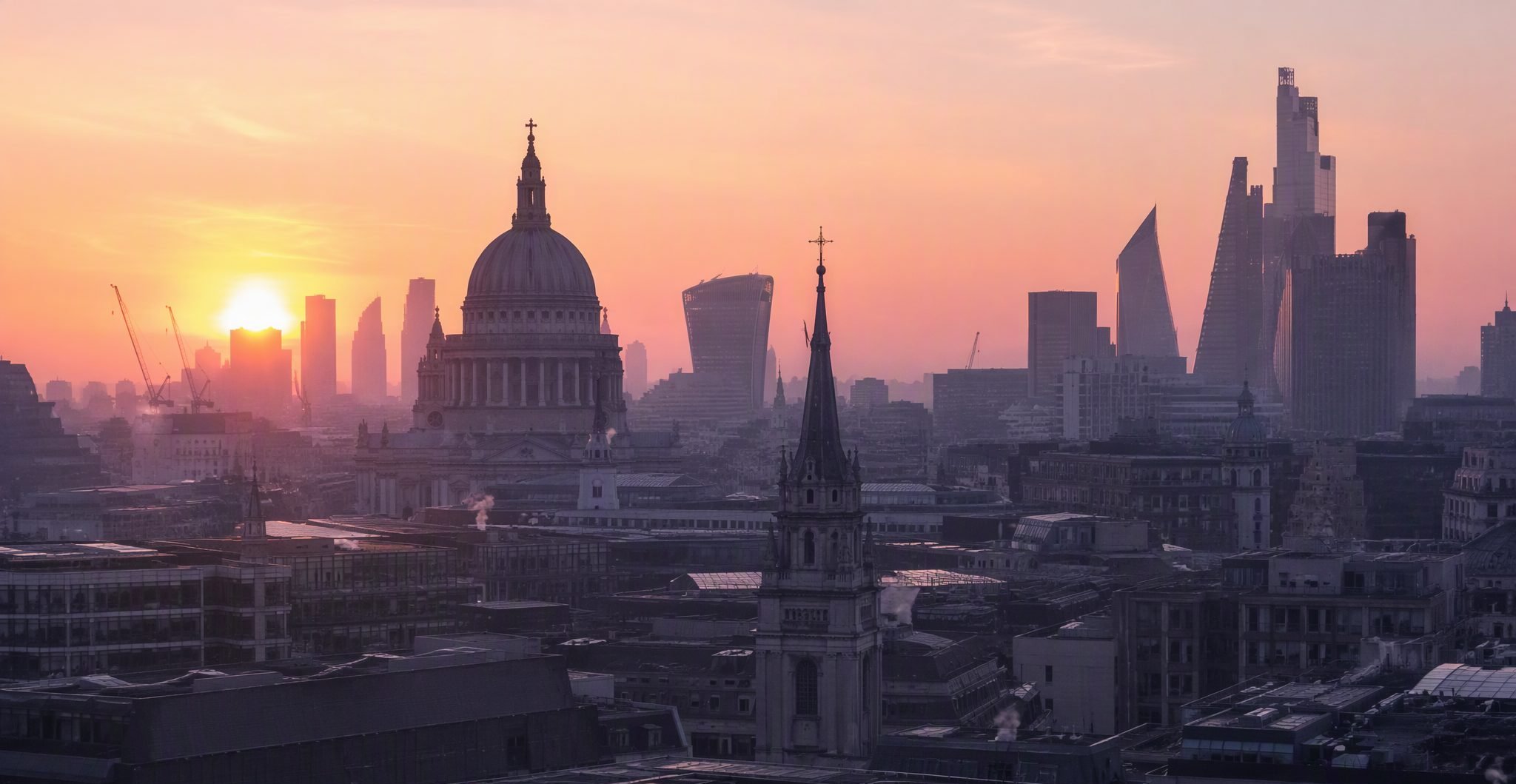 Dawn over the City of London skyline, church spires and St Paul's in silhouette