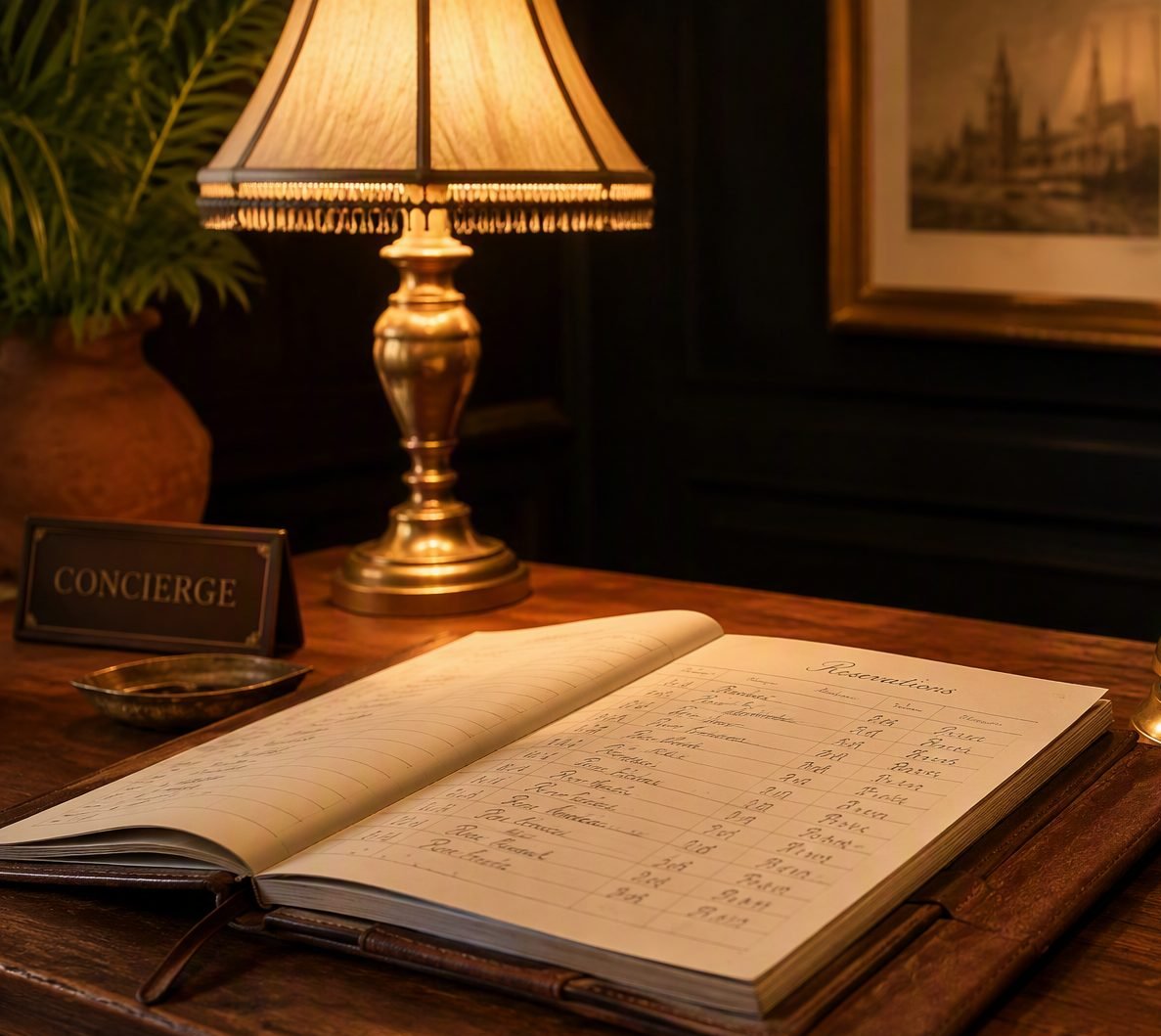 The concierge desk in warm lamplight, brass bell and room keys