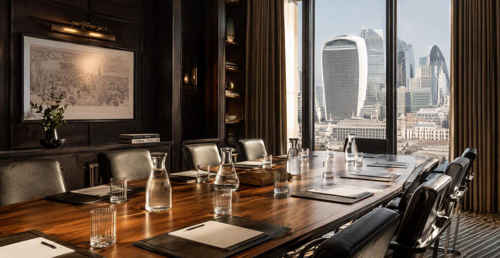 Private boardroom set for a morning meeting with the City skyline beyond