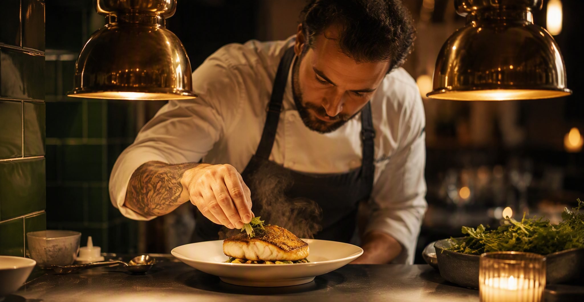 Chef plating a dish at the kitchen pass under warm brass lamps