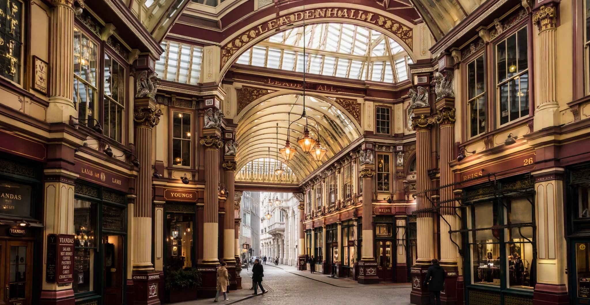 Leadenhall Market interior, Victorian painted ironwork under a glass roof