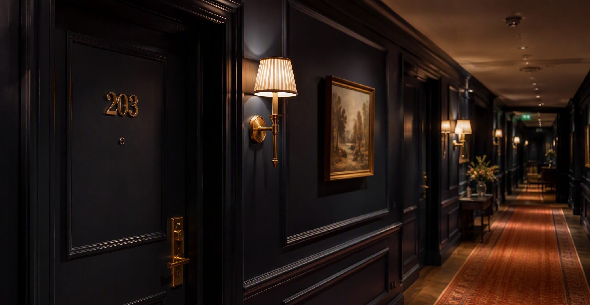 Hotel corridor at evening with navy panelling, brass room numbers and warm sconces