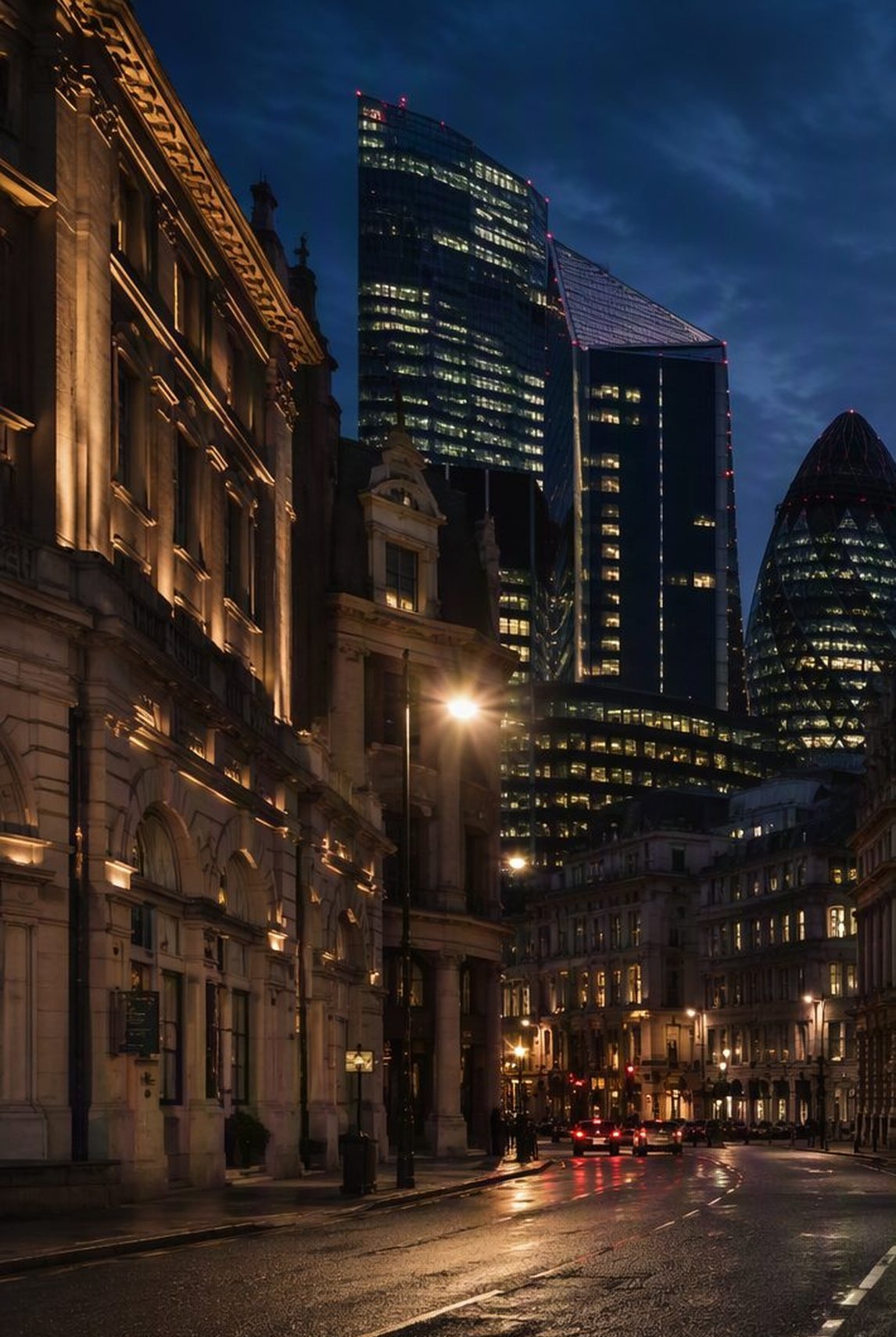 Dusk view along a City of London street, warm window light and towers rising beyond