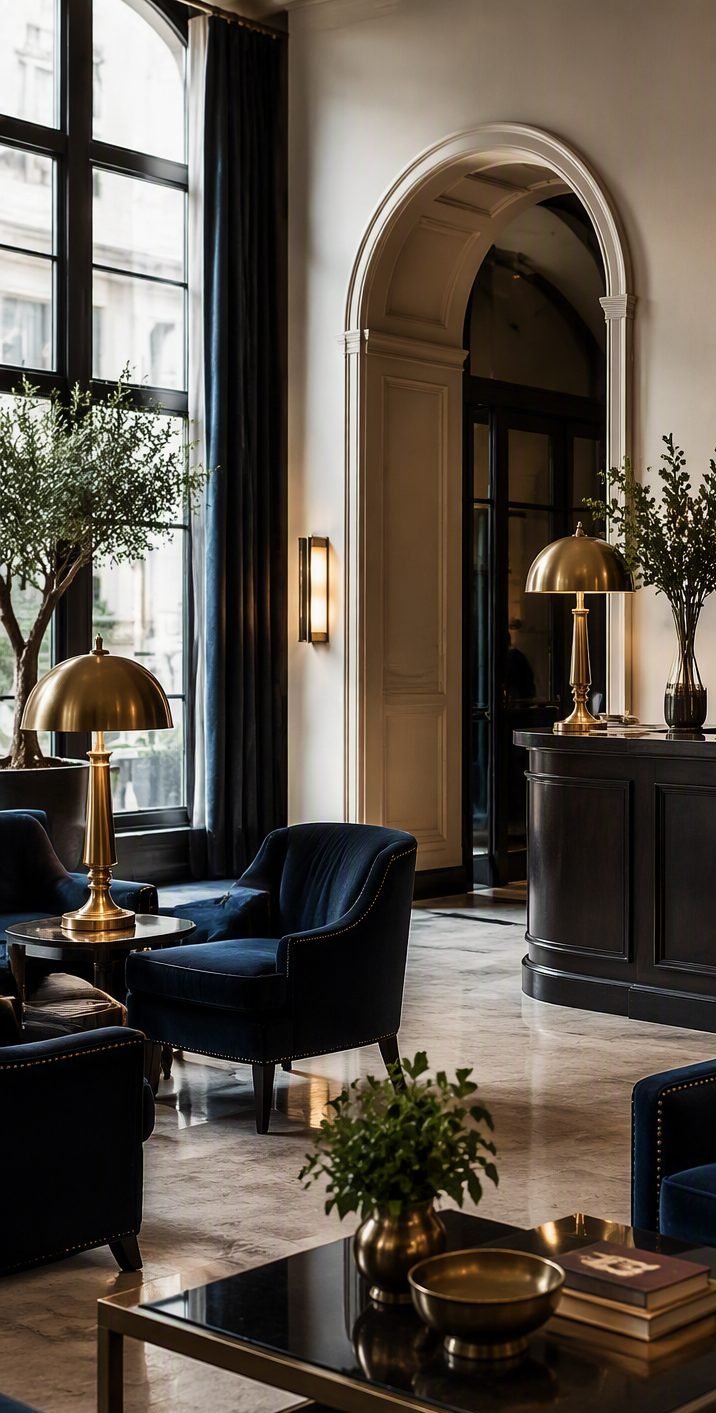 The Gracechurch lobby at first light, brass desk lamps and velvet armchairs